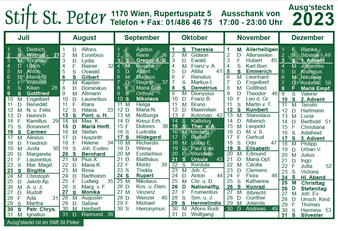 Buschenschank Stift St.Peter - Kalender 2. Halbjahr 2023